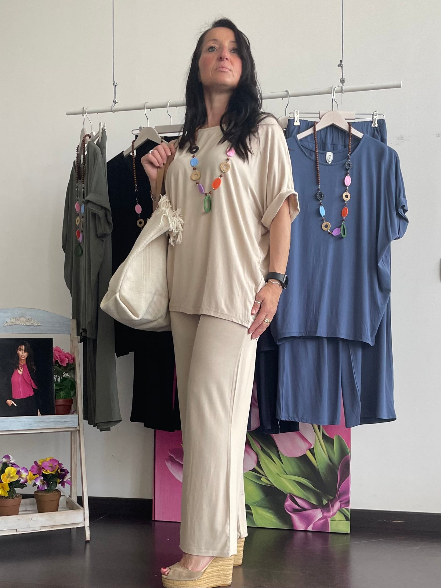 Tuta donna in cotone di viscosa estiva completo maglia girocollo e pantalone a palazzo