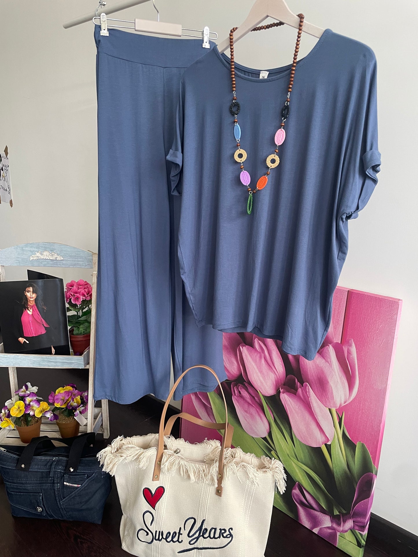 Tuta donna in cotone di viscosa estiva completo maglia girocollo e pantalone a palazzo