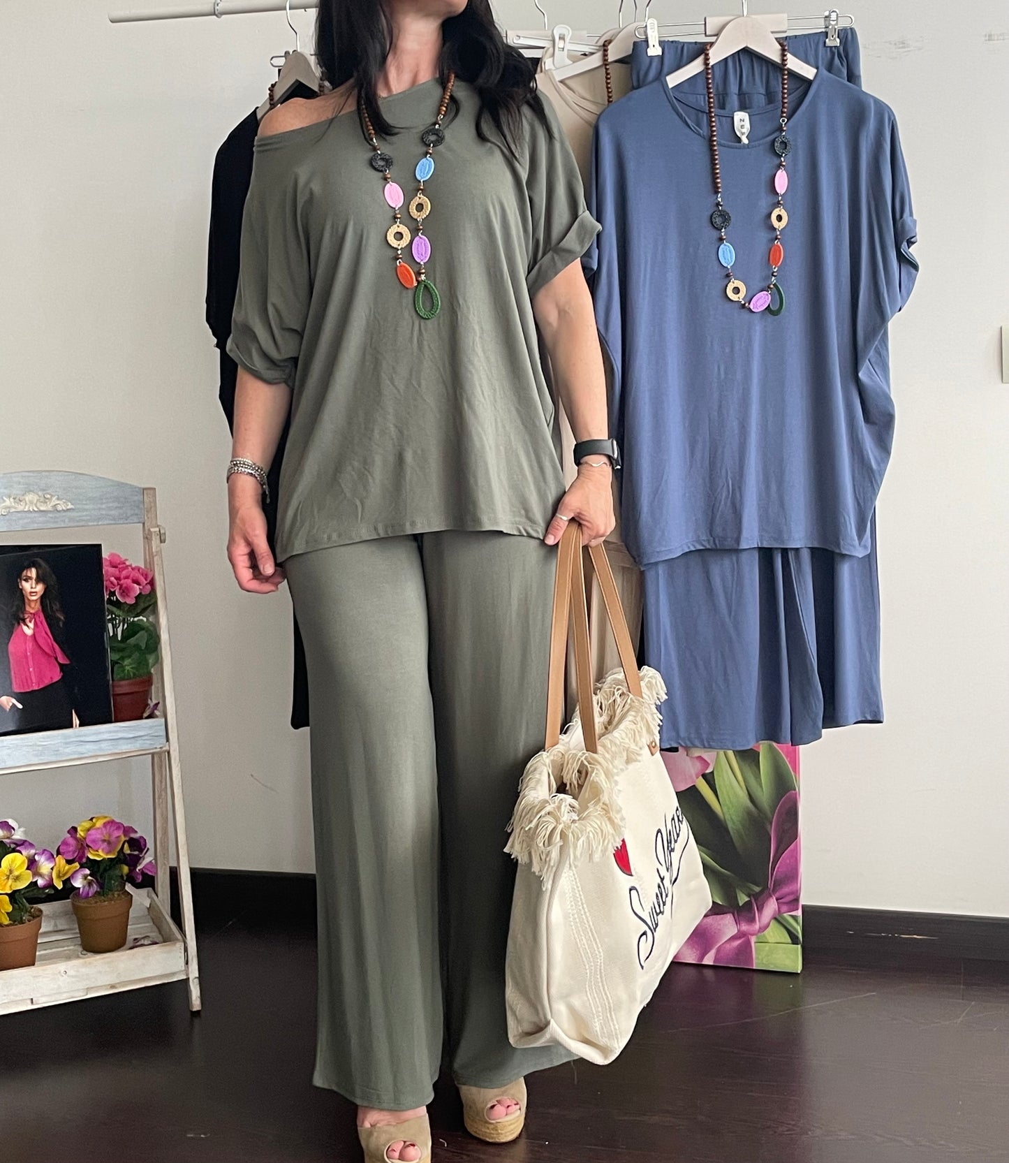 Tuta donna in cotone di viscosa estiva completo maglia girocollo e pantalone a palazzo