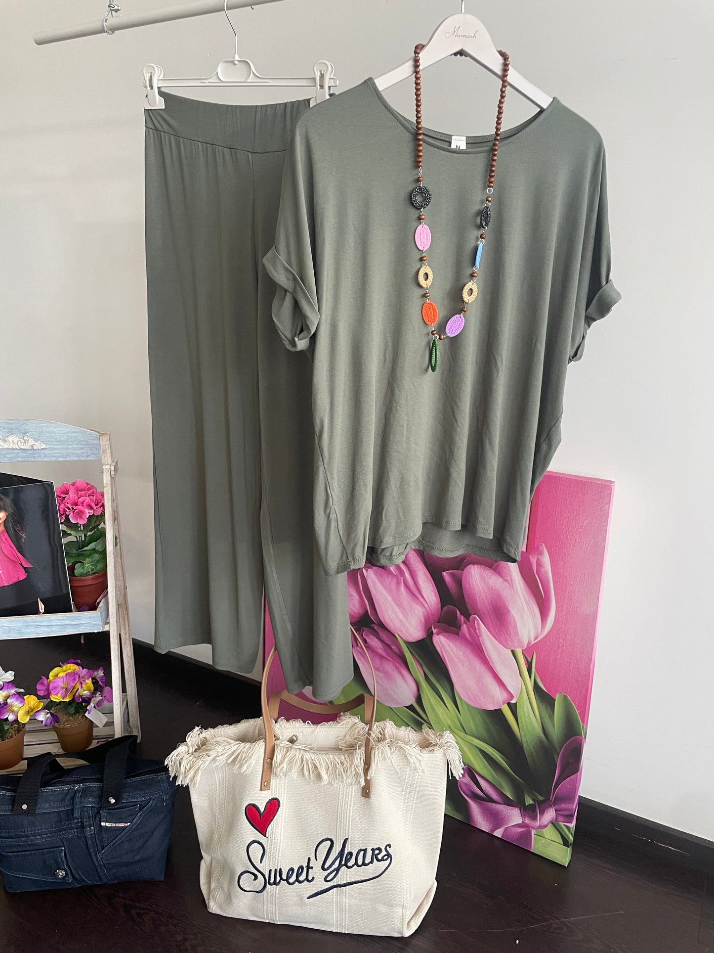 Tuta donna in cotone di viscosa estiva completo maglia girocollo e pantalone a palazzo