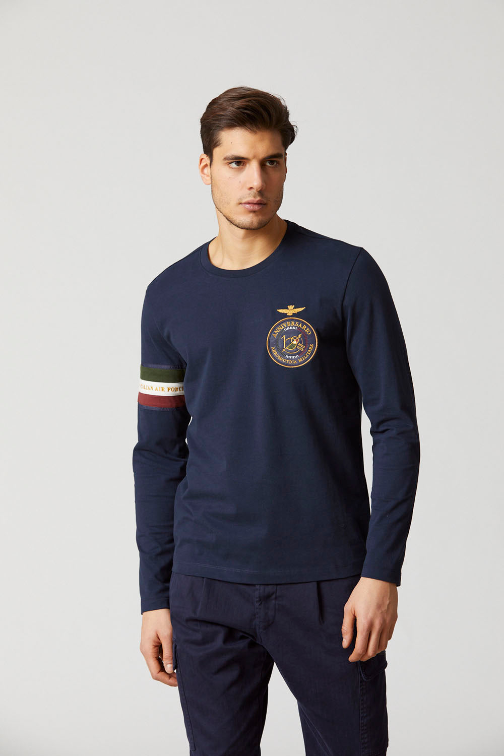 Aeronautica Militare T-shirt Uomo Blu Edizione Centenario, Manica Lunga, cotone, girocollo