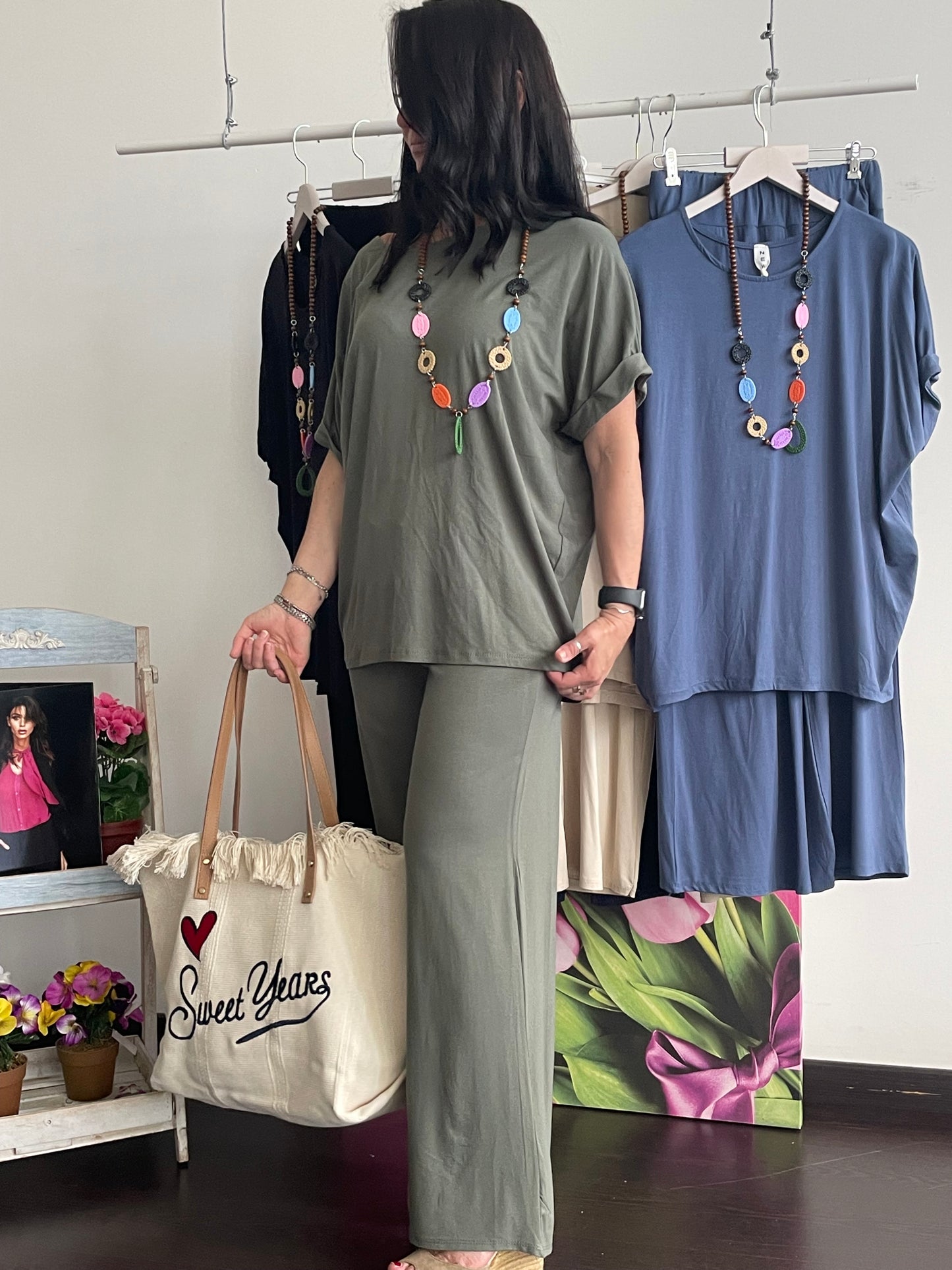 Tuta donna in cotone di viscosa estiva completo maglia girocollo e pantalone a palazzo