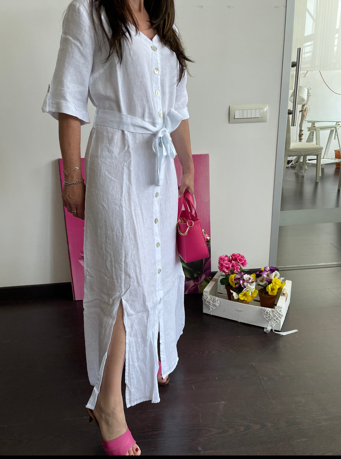 Abito Lungo Bianco sc-50% | Lino | Cashmere Company | Made in Italy- Eleganza italiana