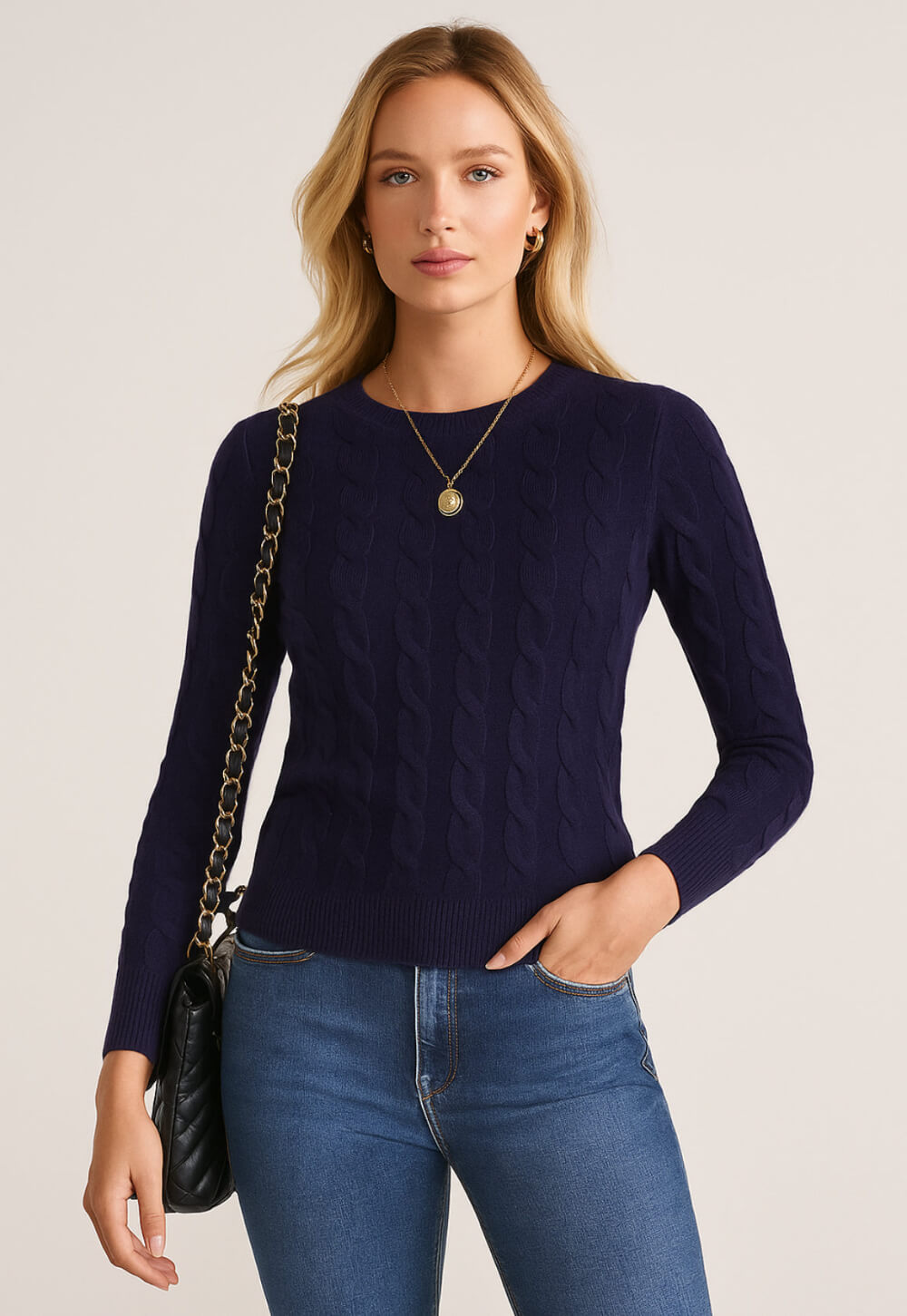 Cashmere Company maglia donna girocollo trecce blu, cashmere e lana made in Italy