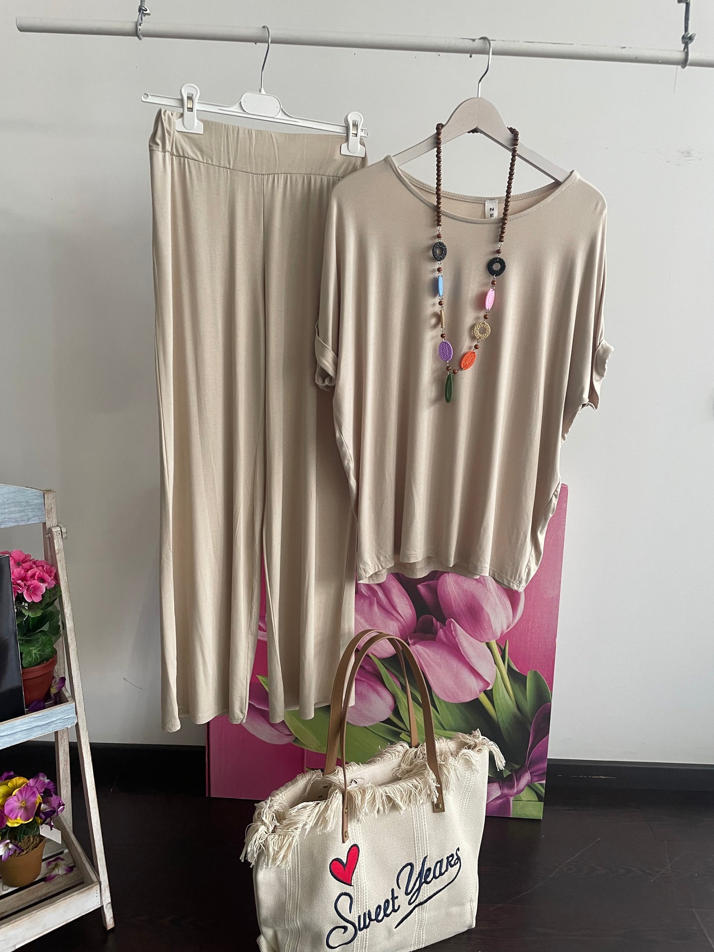 Tuta donna in cotone di viscosa estiva completo maglia girocollo e pantalone a palazzo