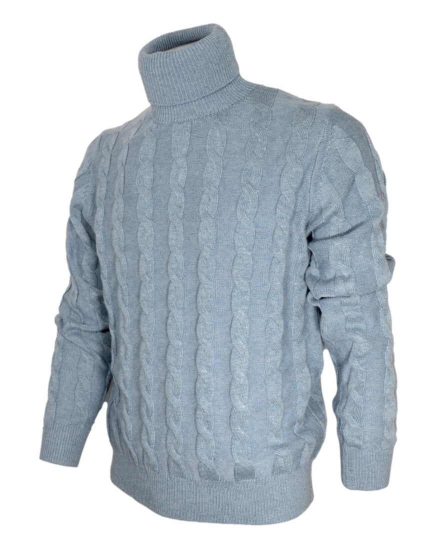 Maglia Uomo Dolcevita Azzurro Polvere Trecce Cashmere Lana - Premium Made in Italy Cashmere Company