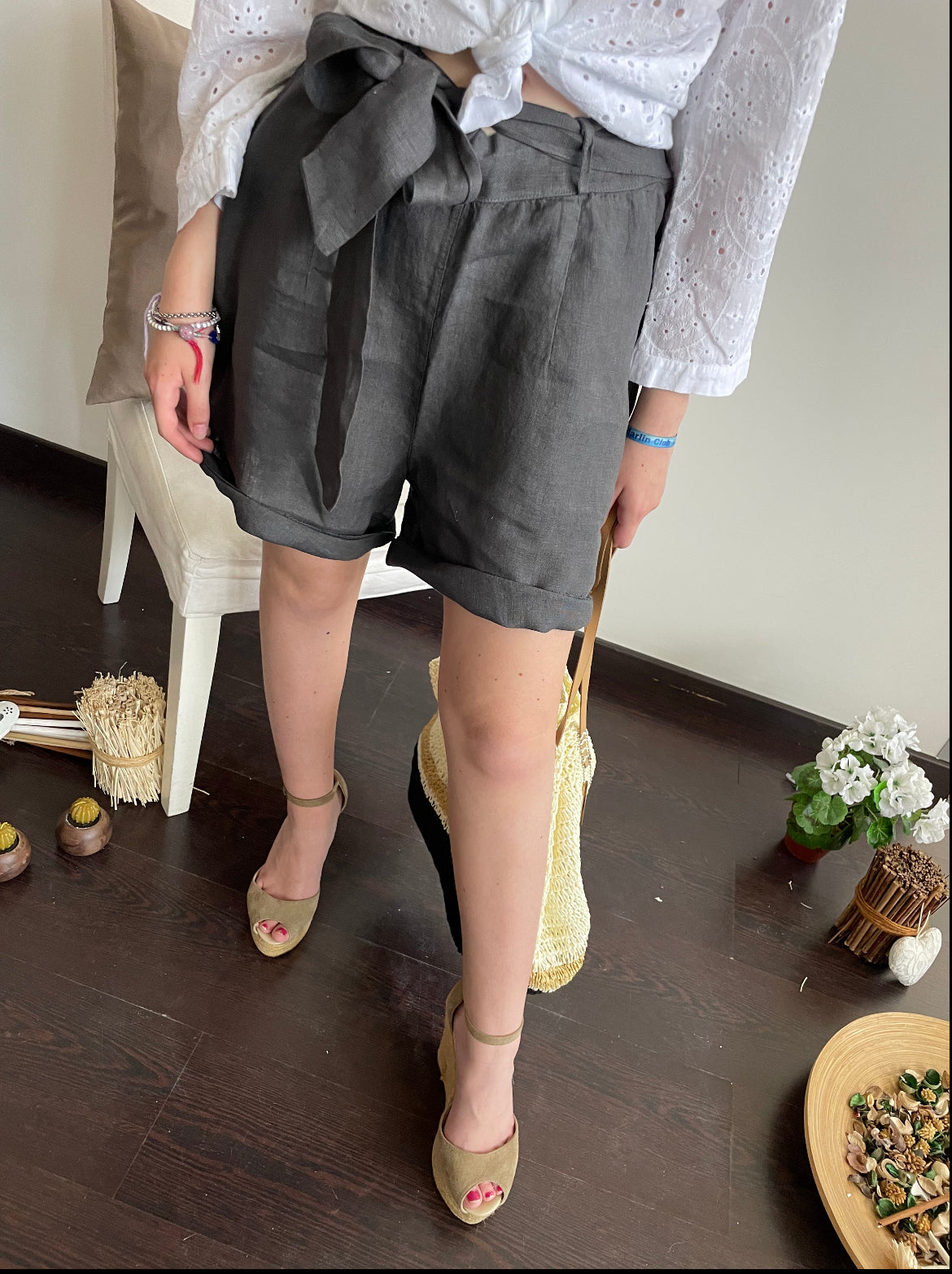 Shorts Donna in Lino 100% – Marrone Bruciato con Fiocco in Vita Cashmere Company