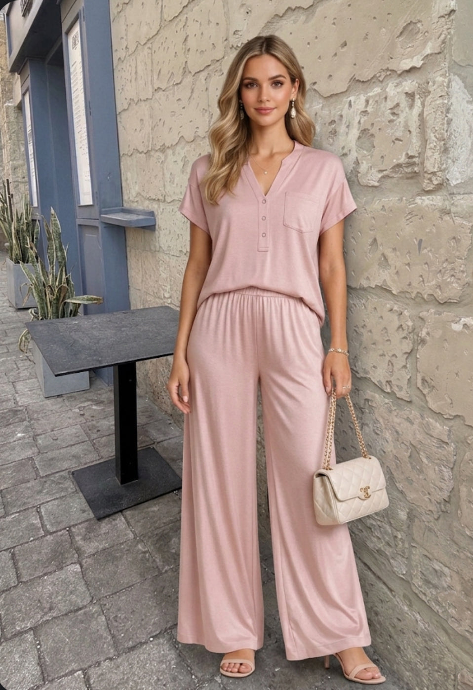 Tuta Donna Completo Maglia Pantaloni Palazzo