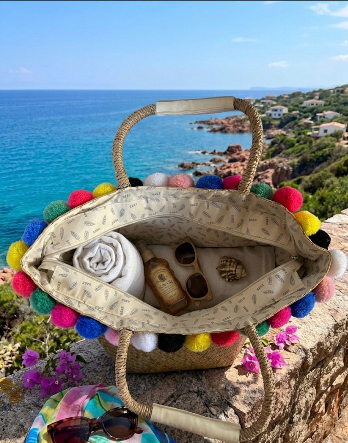 Borsa Mare in Paglia Paez con Pompon Colorati e Chiusura a Zip