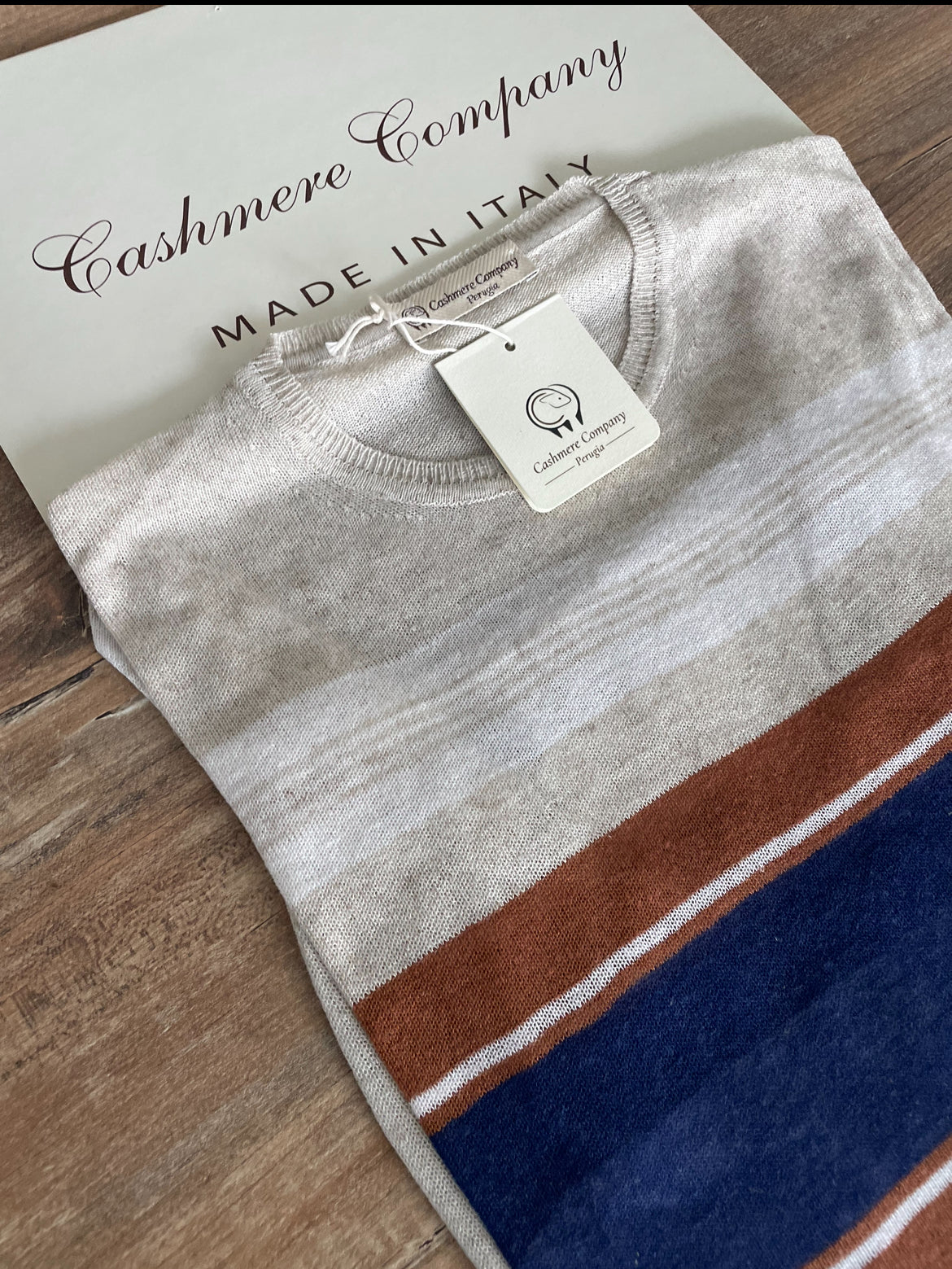 T-shirt Uomo Lino - Beige a Righe Cashmere Company Made in Italy
