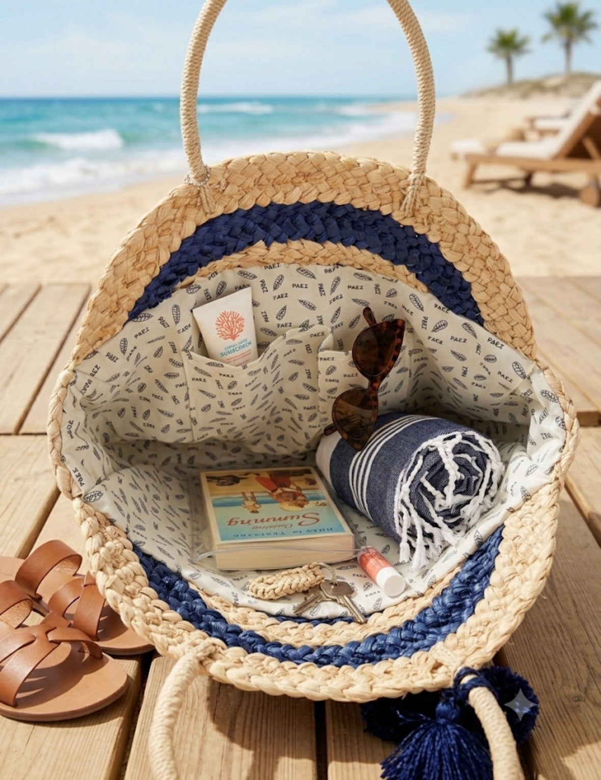 Borsa Mare Rotonda in Paglia Intrecciata PAEZ – Borsa da Spiaggia con Dettagli Blu e Pon Pon