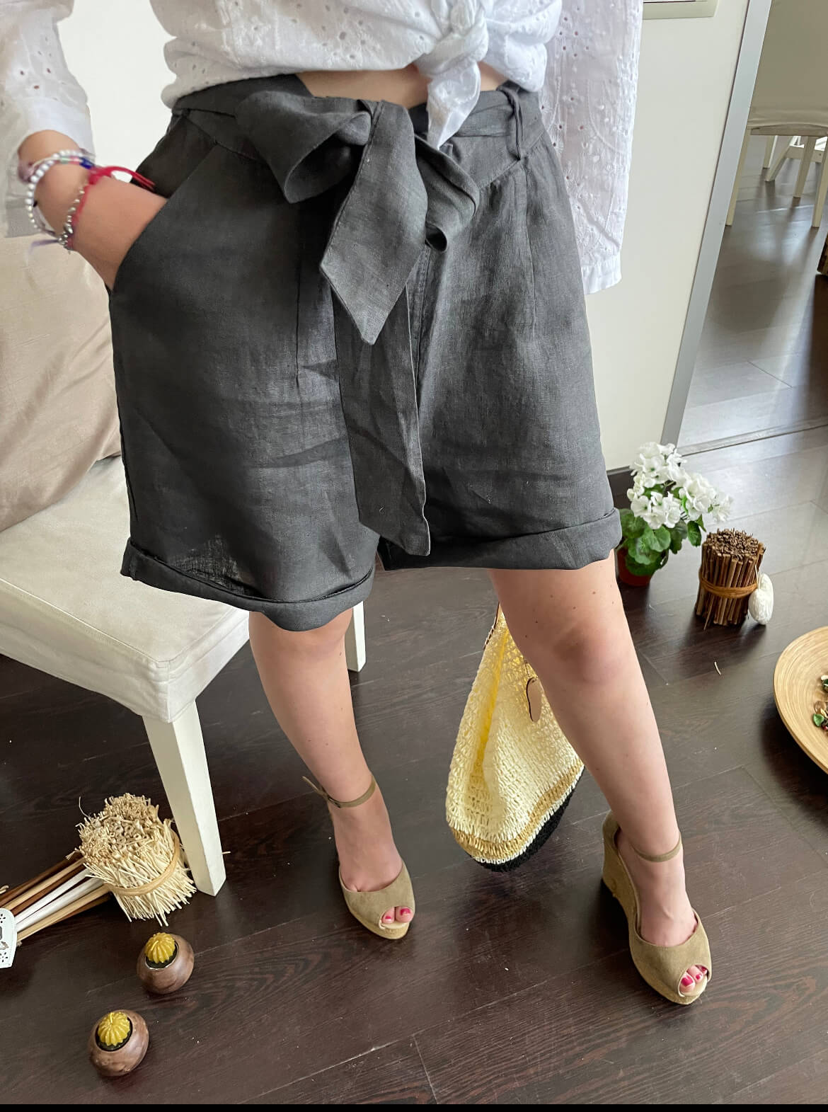 Shorts Donna in Lino 100% – Marrone Bruciato con Fiocco in Vita Cashmere Company