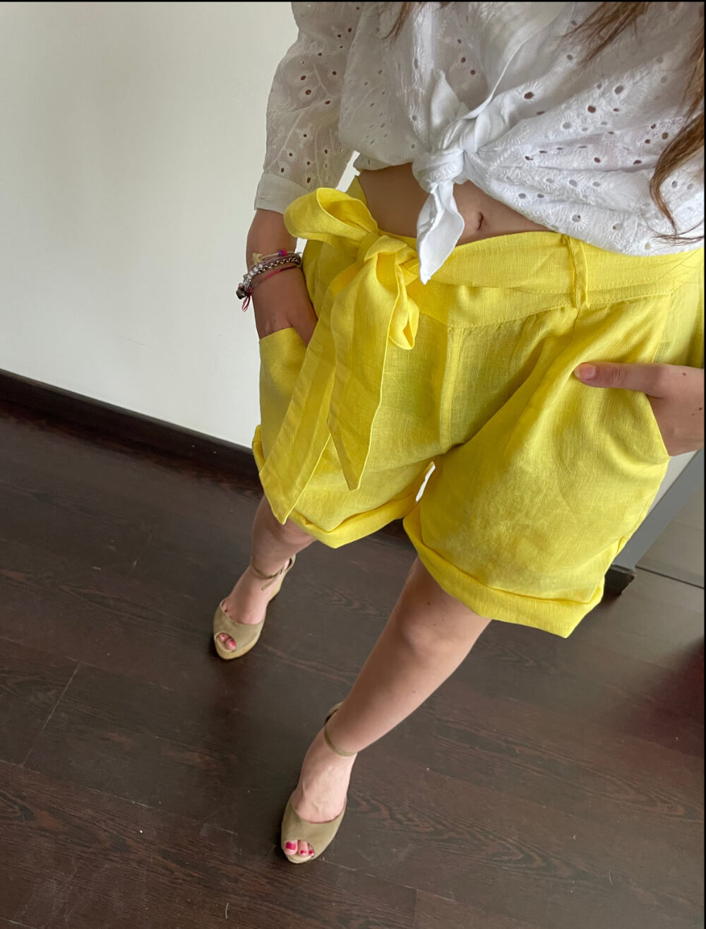Shorts Donna estivi in Lino 100% – Giallo Sole con Fiocco in Vita| Cashmere Company