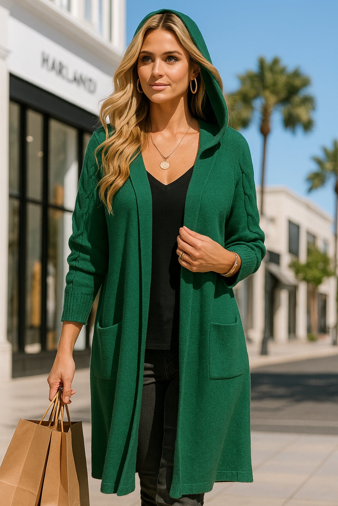 Cardigan Lungo Donna con Cappuccio in Lana Rasata - Giacca Invernale Elegante