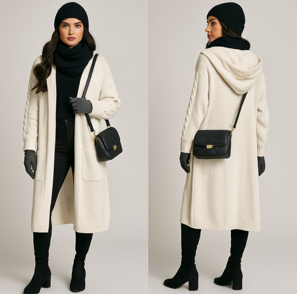Cardigan Lungo Donna con Cappuccio in Lana Rasata - Giacca Invernale Elegante