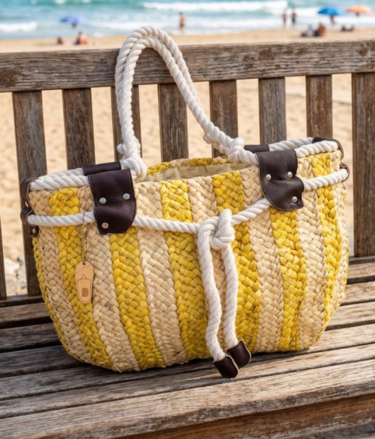 Borsa da Mare in Paglia a Righe Paez – Borsa Spiaggia Grande con Cerniera