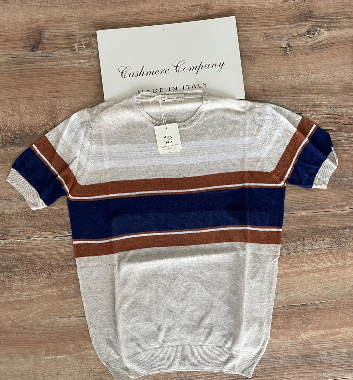 T-shirt Uomo Lino - Beige a Righe Cashmere Company Made in Italy
