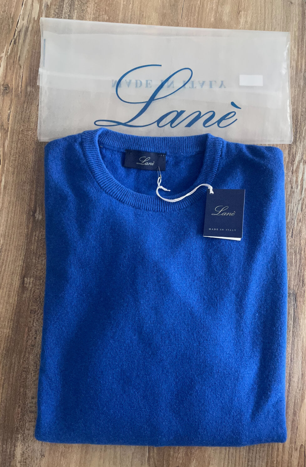 Lanè maglia uomo Blu Royal girocollo cashmere e Lana Made in Italy , PIEGATA