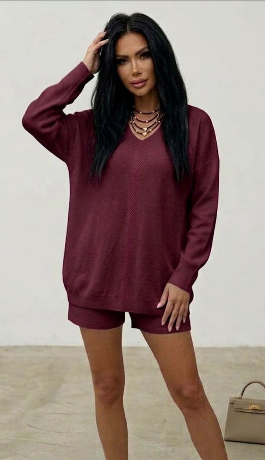 Maglia donna Oversize in lana Rasata con Scollo a V bordeaux After