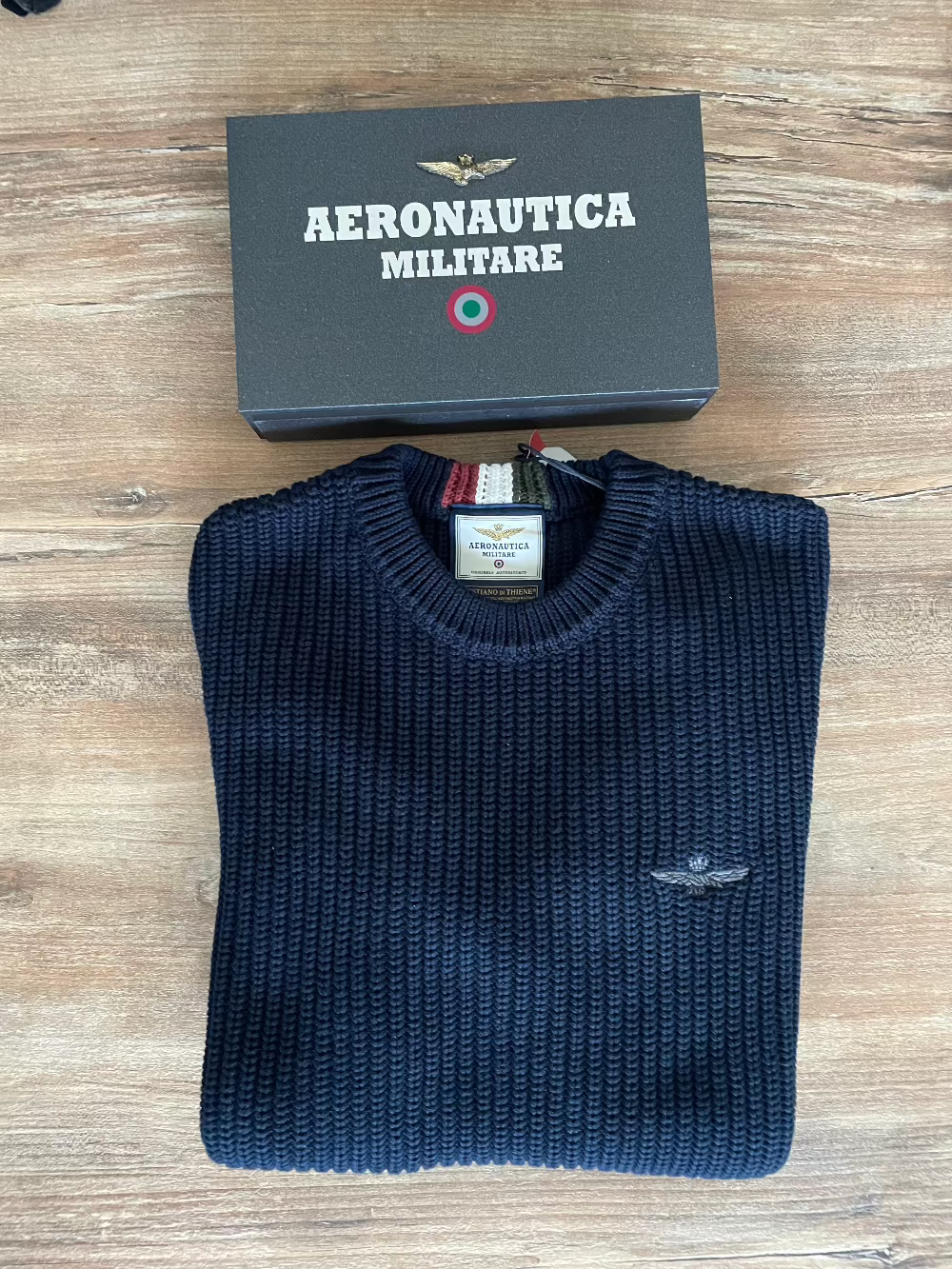 Maglia uomo blu aeronautica militare costa inglese cotone con tricolore