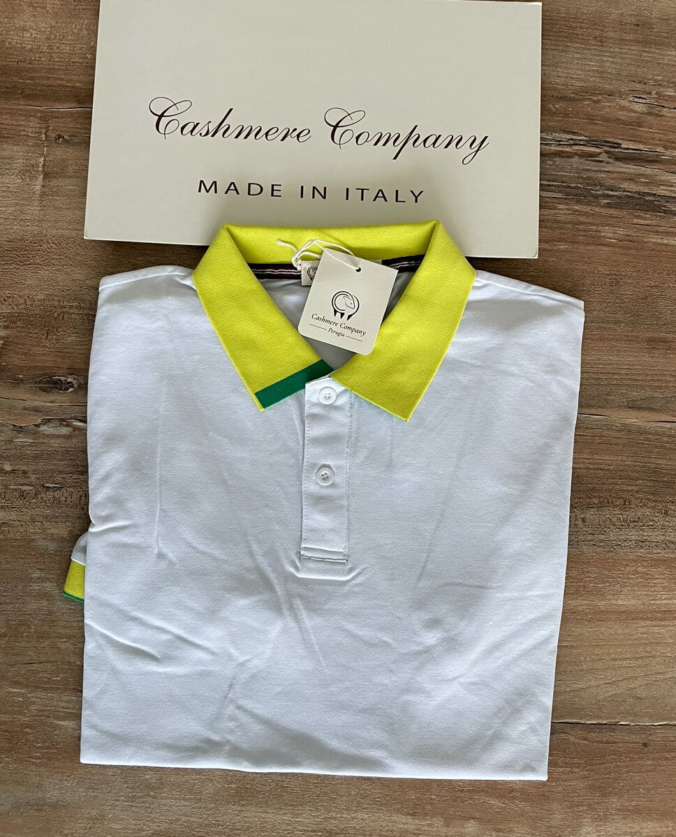 Polo uomo manica corta bianco cotone Cashmere Company, inserti fluo