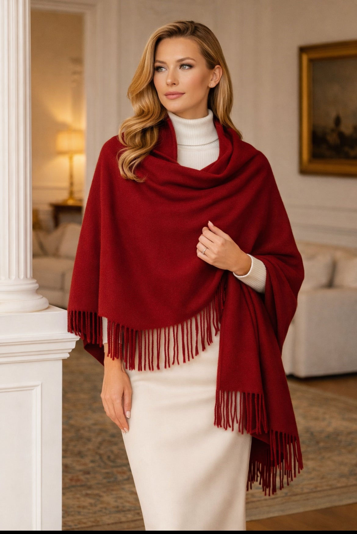 Scialle donna stola grande in lana rasata rosso