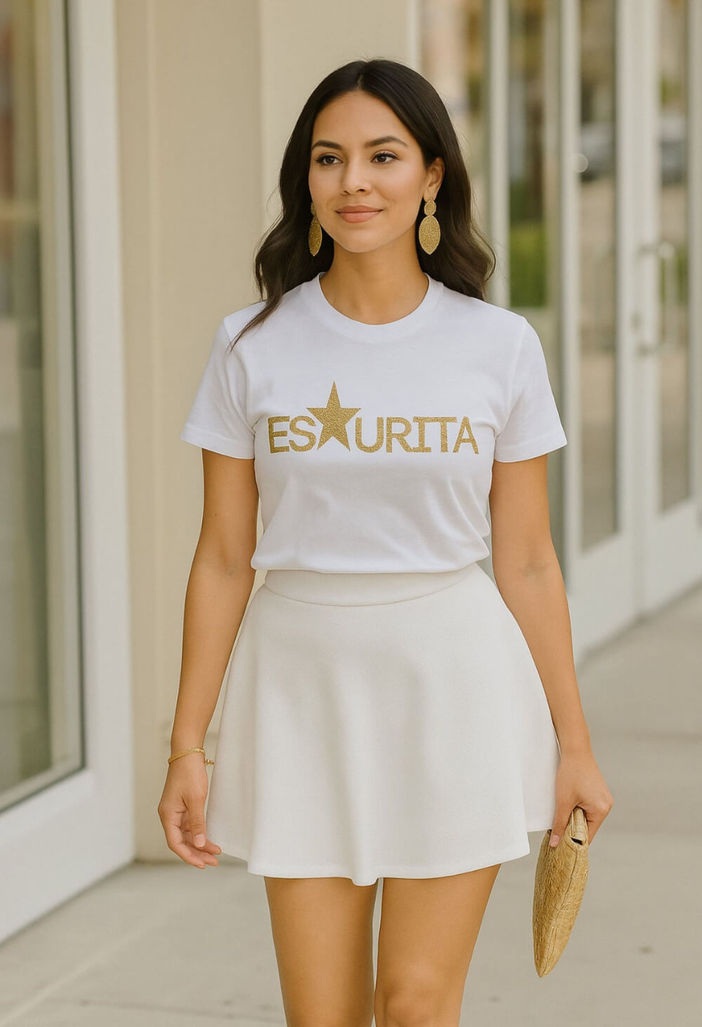 T-shirt donna bianco girocollo manica corta scritta Esaurita glitter oro
