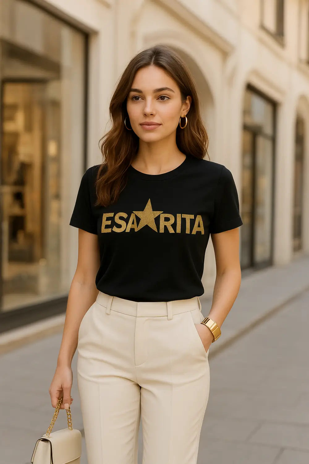 T-shirt donna nero girocollo manica corta scritta Esaurita in glitter oro