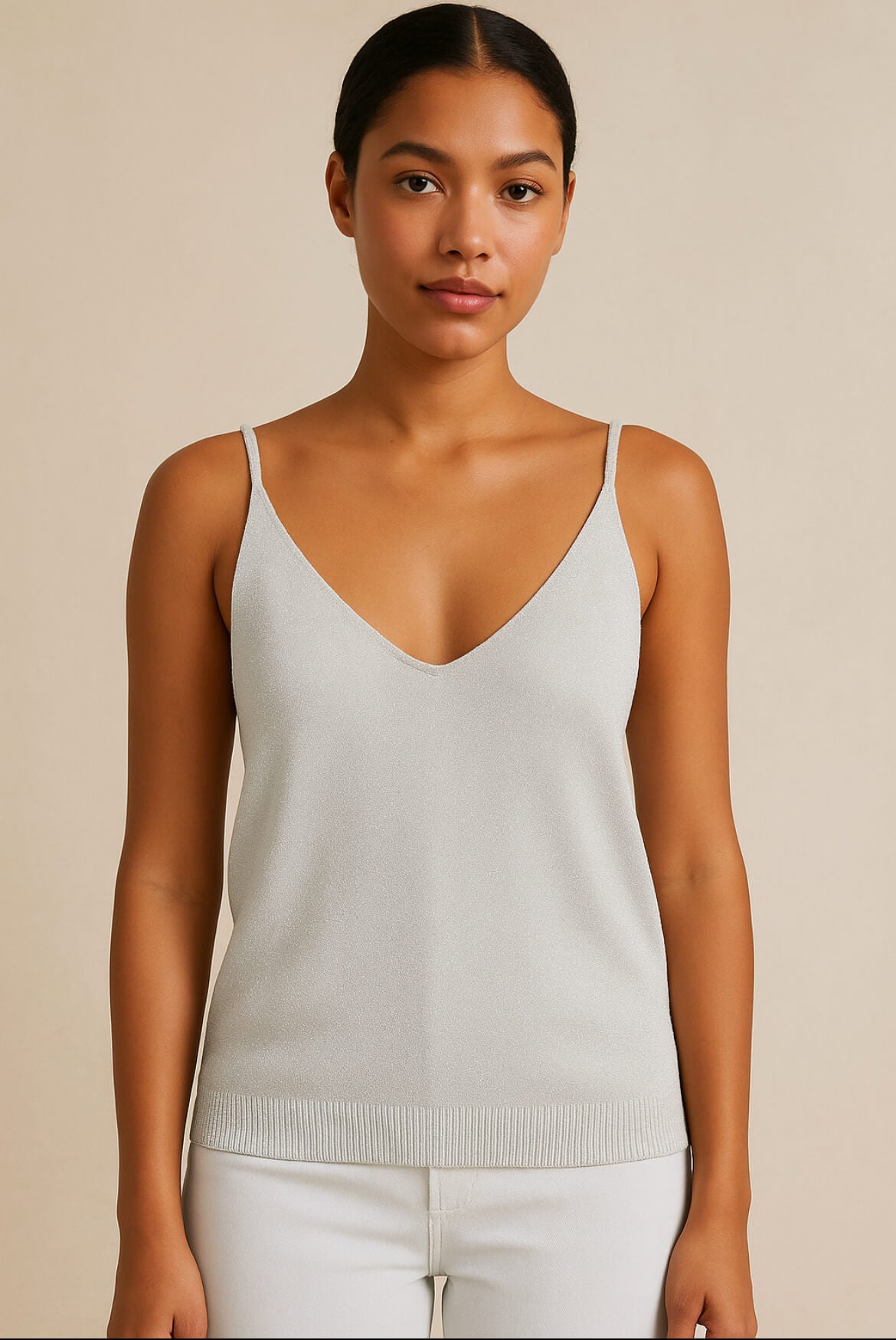 Top donna elegante laminato argento , canotta a bretelline , estiva