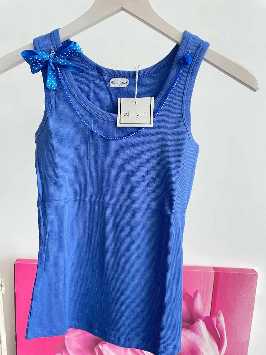 Top elegante donna bluette , canotta in cotone con bretelline