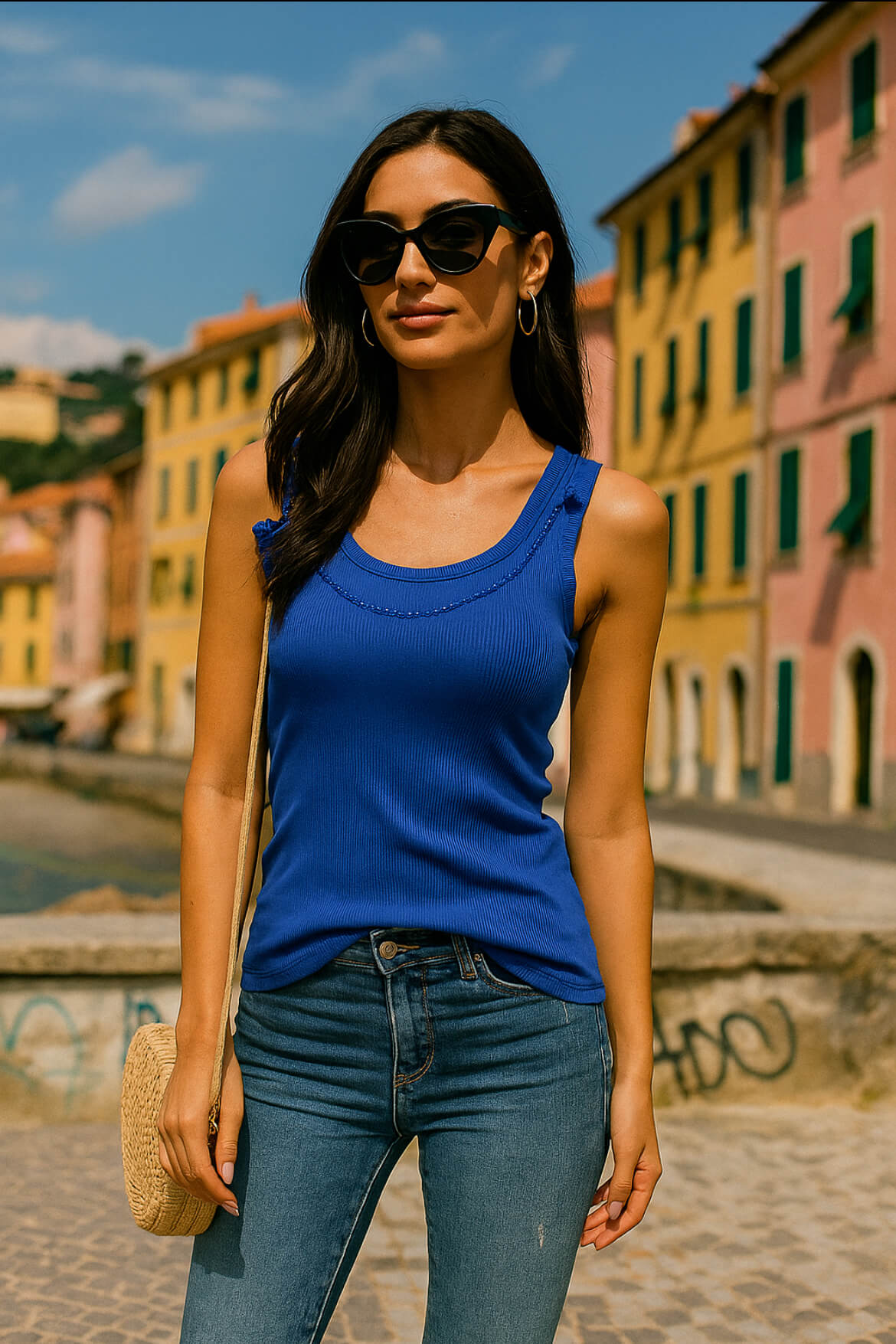 top donna elegante bluette cotone canotta  con bretelline