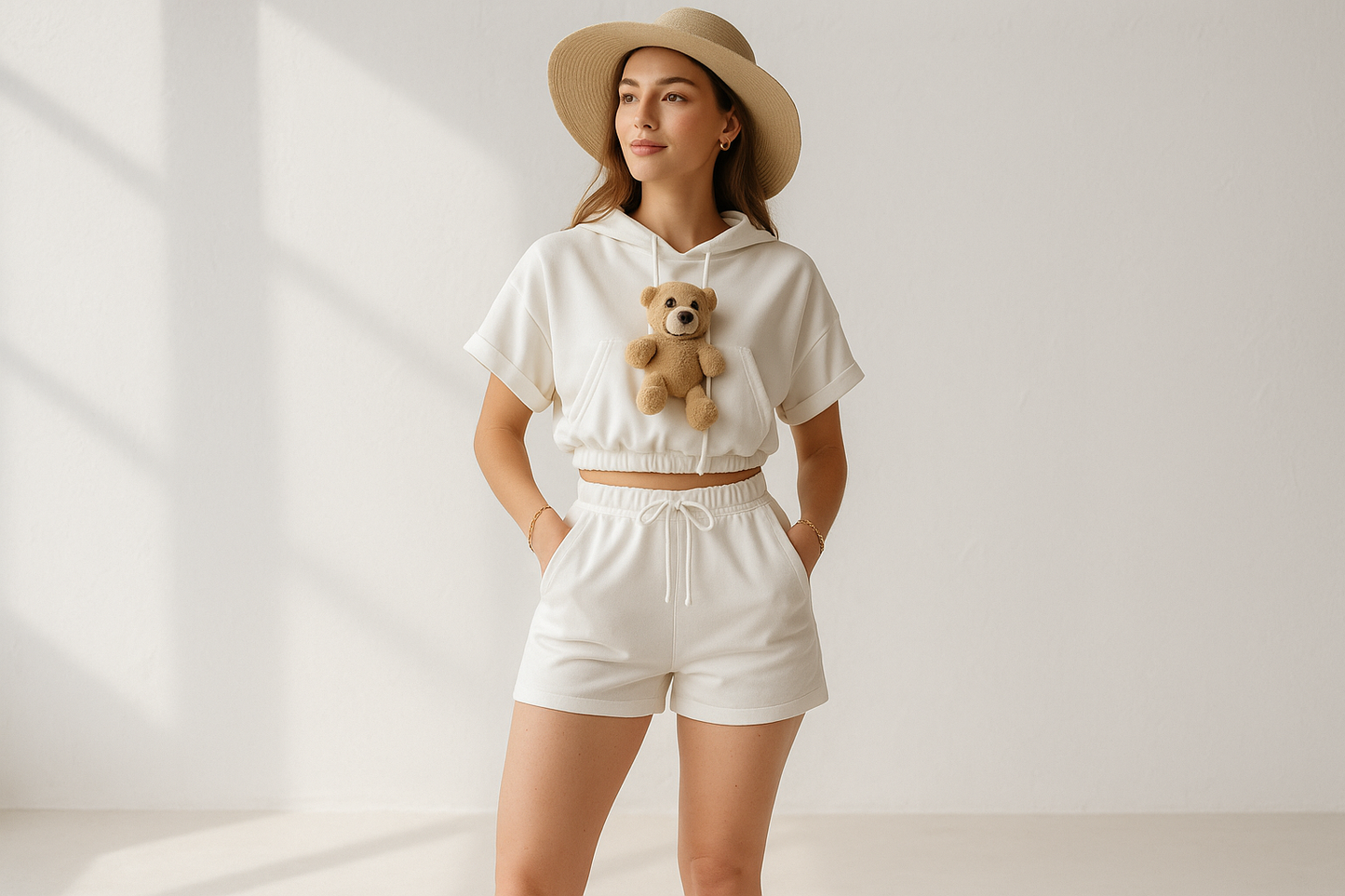 "Purezza e dolcezza in un completo! Bianco luminoso con orsacchiotto beige per un contrasto delicato. Ideale per look estivi freschi e luminosi. #WhiteStyle #SummerVibes #FreshLook"