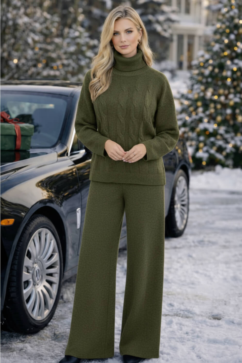 Tuta donna in lana rasata completo maglia collo alto trecce e pantaloni a palazzo verde