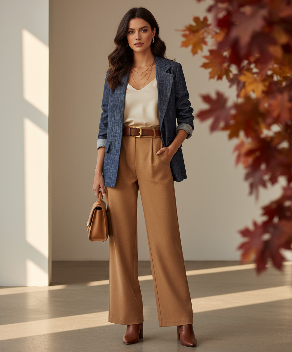 Blazer blu indossato con outfit autunnale