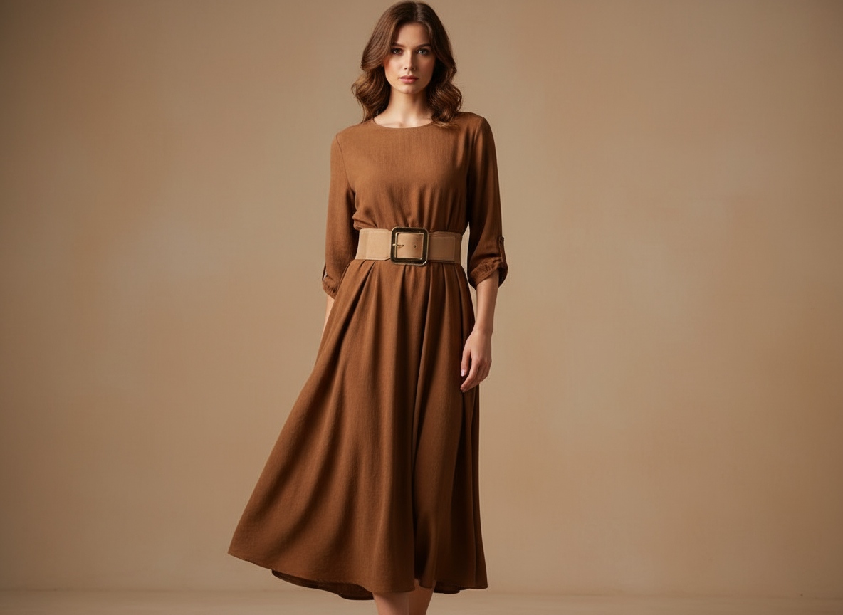 Cintura beige con abito marrone