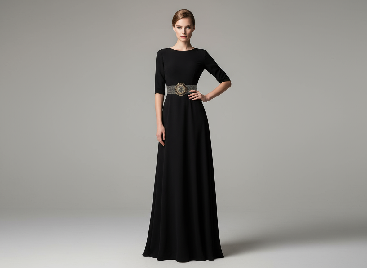 Cintura bronzo con abito nero