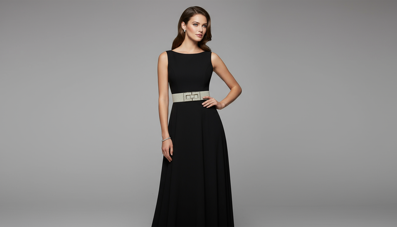 Cintura oro con abito nero elegante