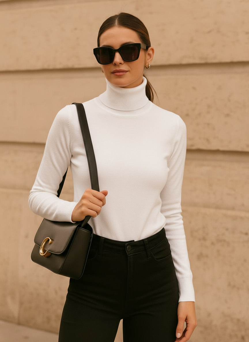 Dolcevita bianco con pantaloni neri