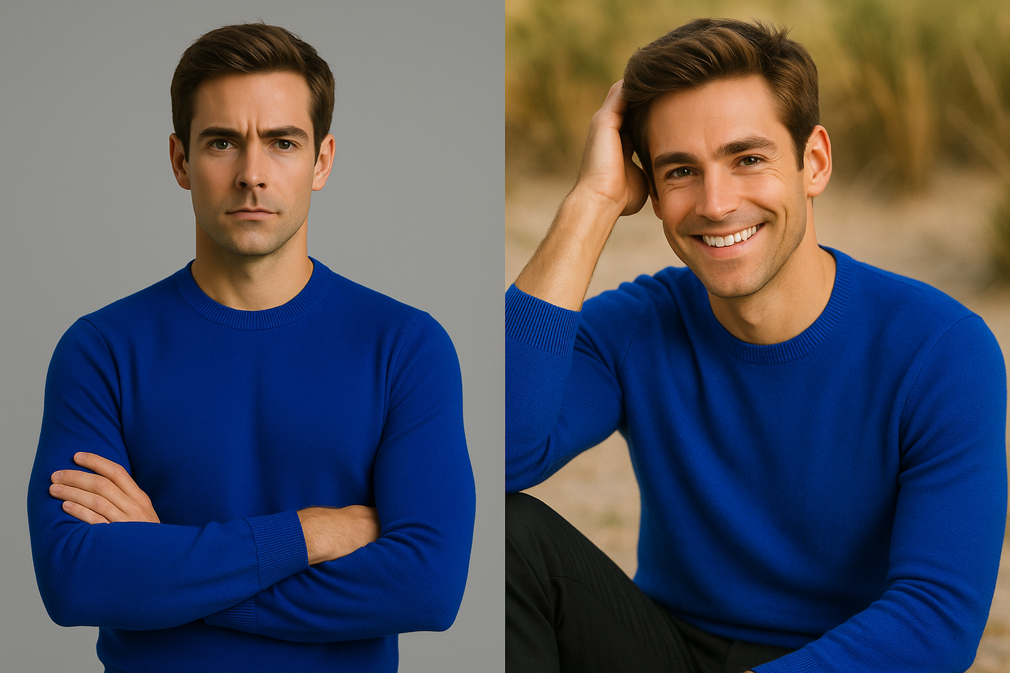 Lanè maglia uomo Blu Royal girocollo cashmere e Lana Made in Italy
Due pose diverse con la maglia blu - una professionale e una casual