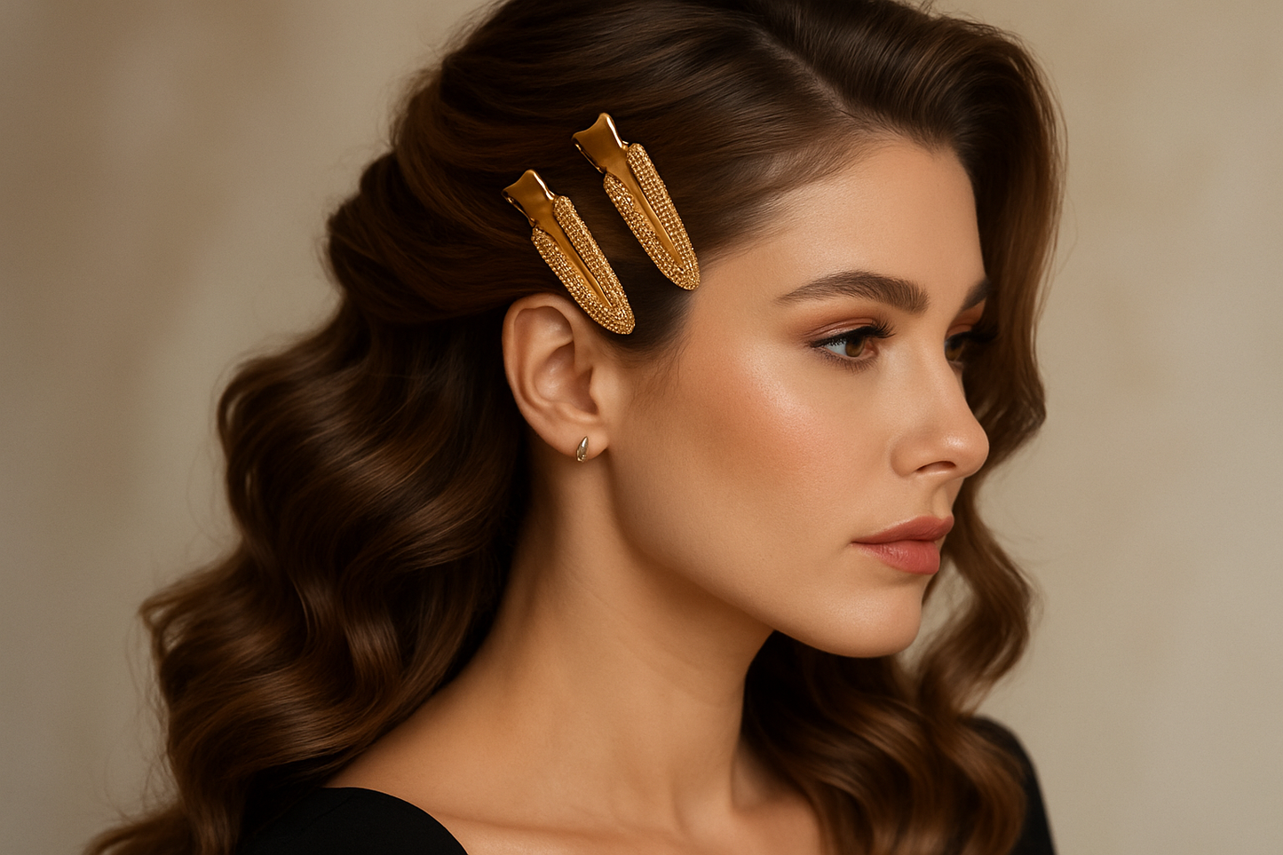 Fermagli dorati su capelli ondulati