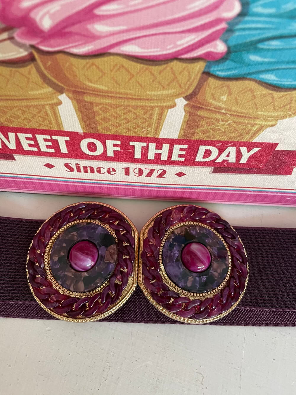 Cintura Gioiello Donna Elastica Viola Bordeaux | Cintura a Molla Doppia Fibbia Oro | Made in Italy