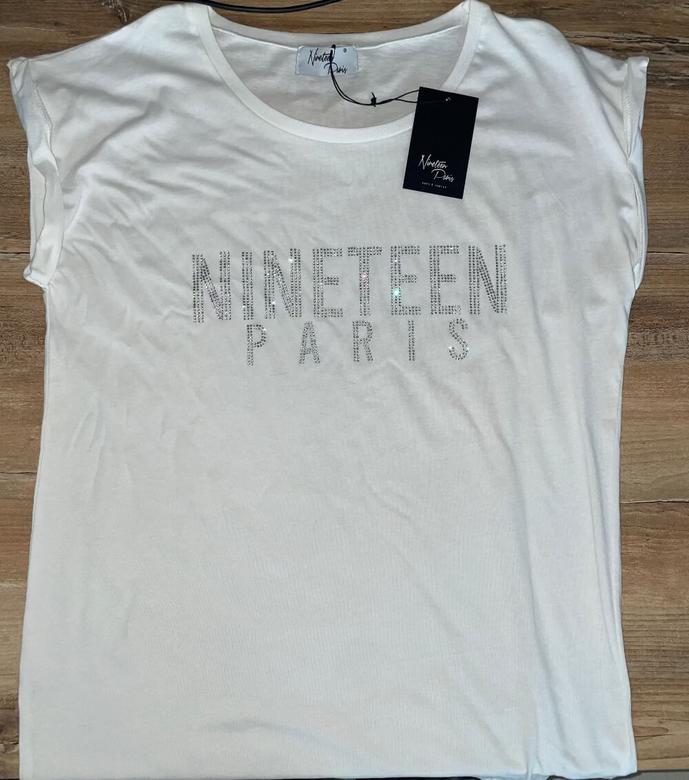 T-shirt Donna Bianca Nineteen Paris con Strass Girocollo - Cotone