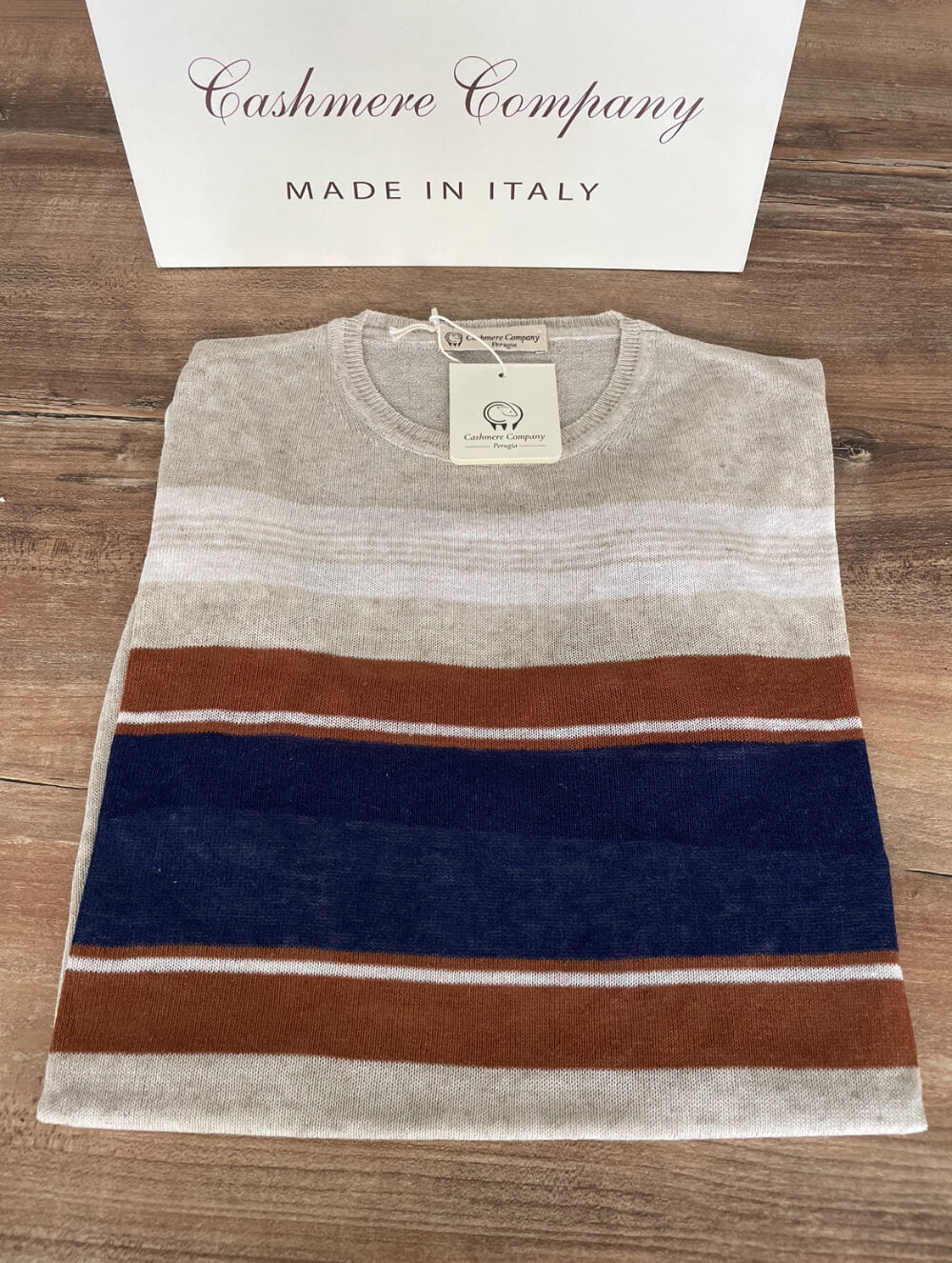 Maglia da uomo in puro lino a righe beige e blu, mezza manica, girocollo, estiva, cashmere company Made in Italy