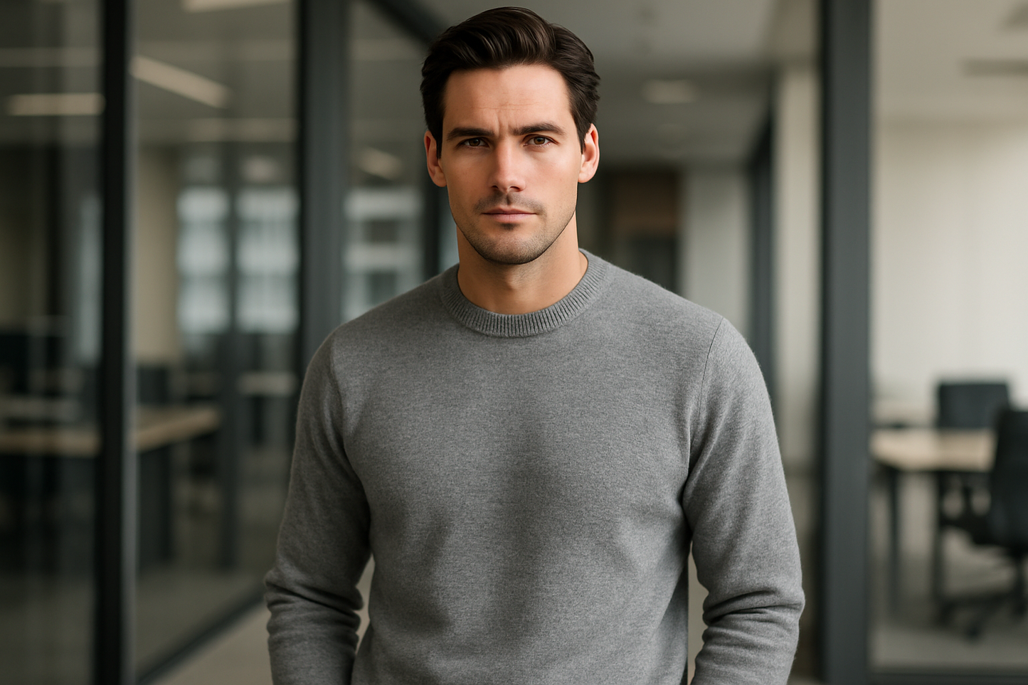 Modello con maglione grigio in contesto professionale