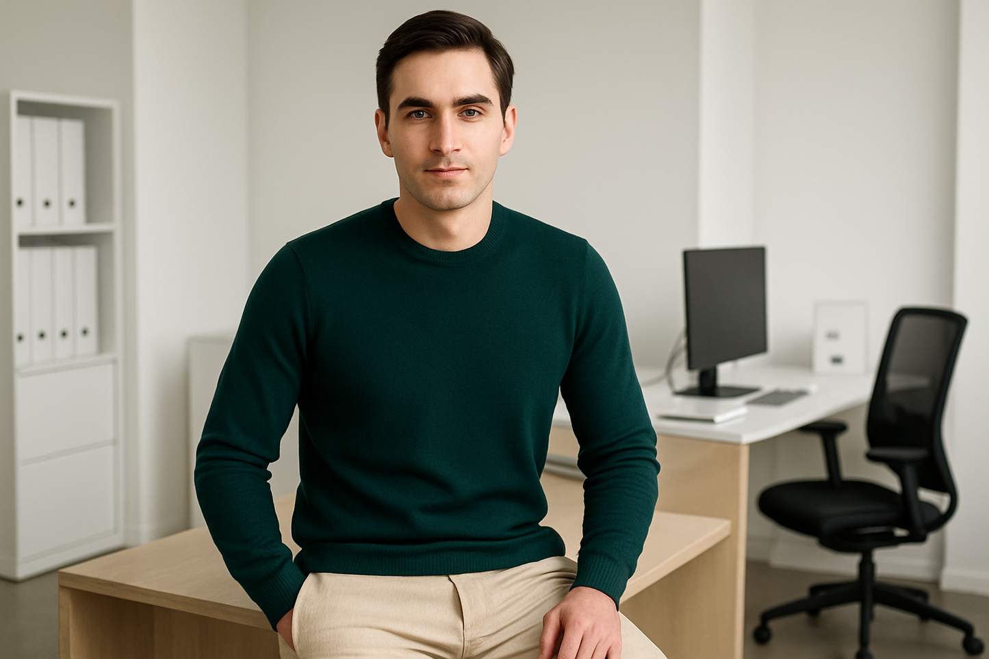 Modello in posa professionale con maglia verde - Posa 2
