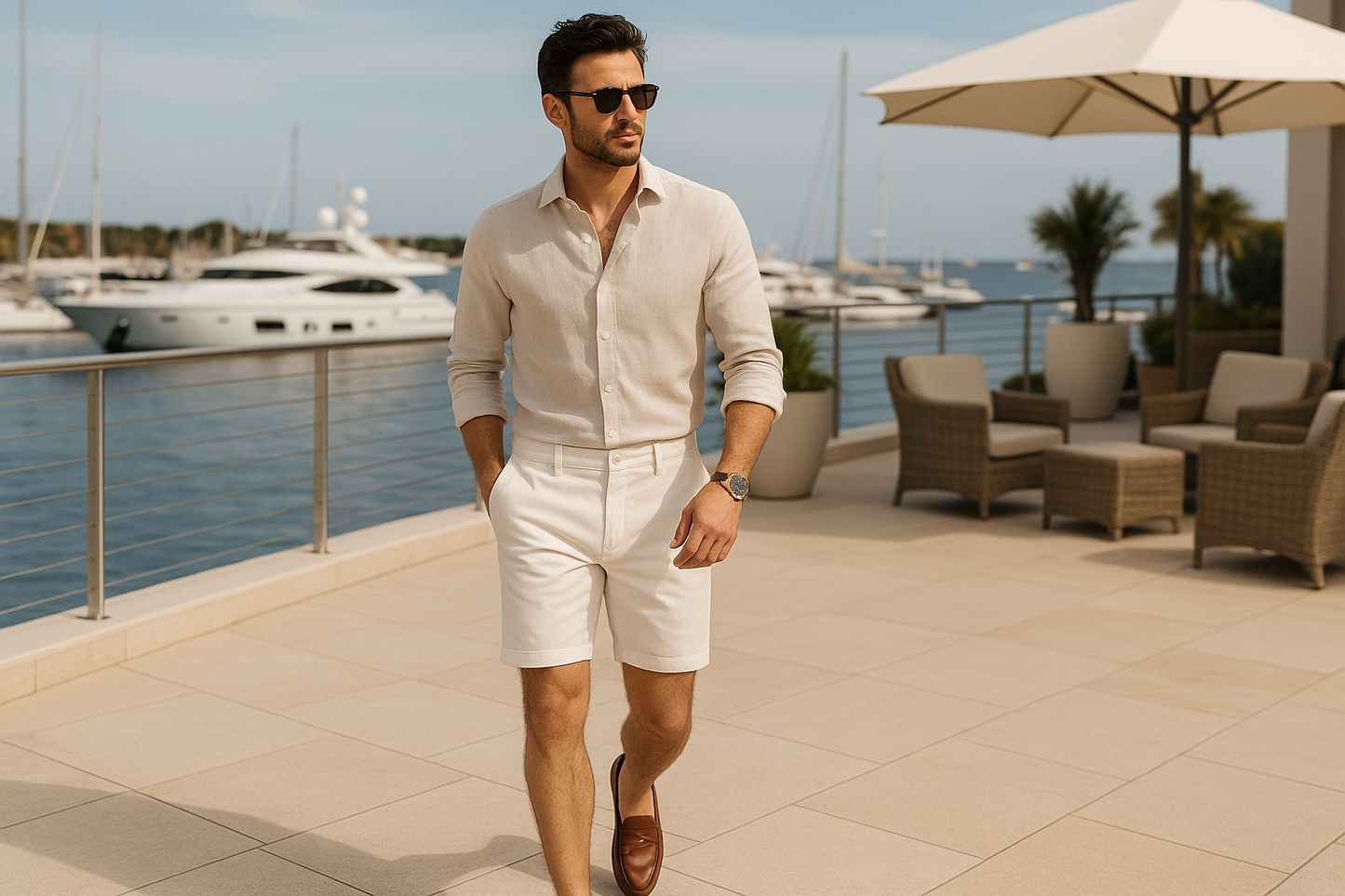Pantaloncino bianco indossato da modello moro