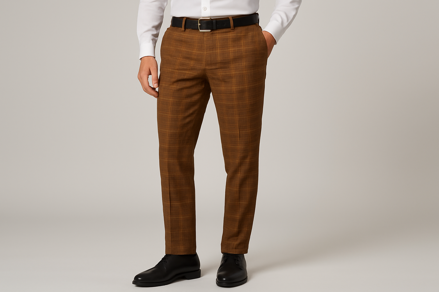 Pantalone a quadri indossato focus
