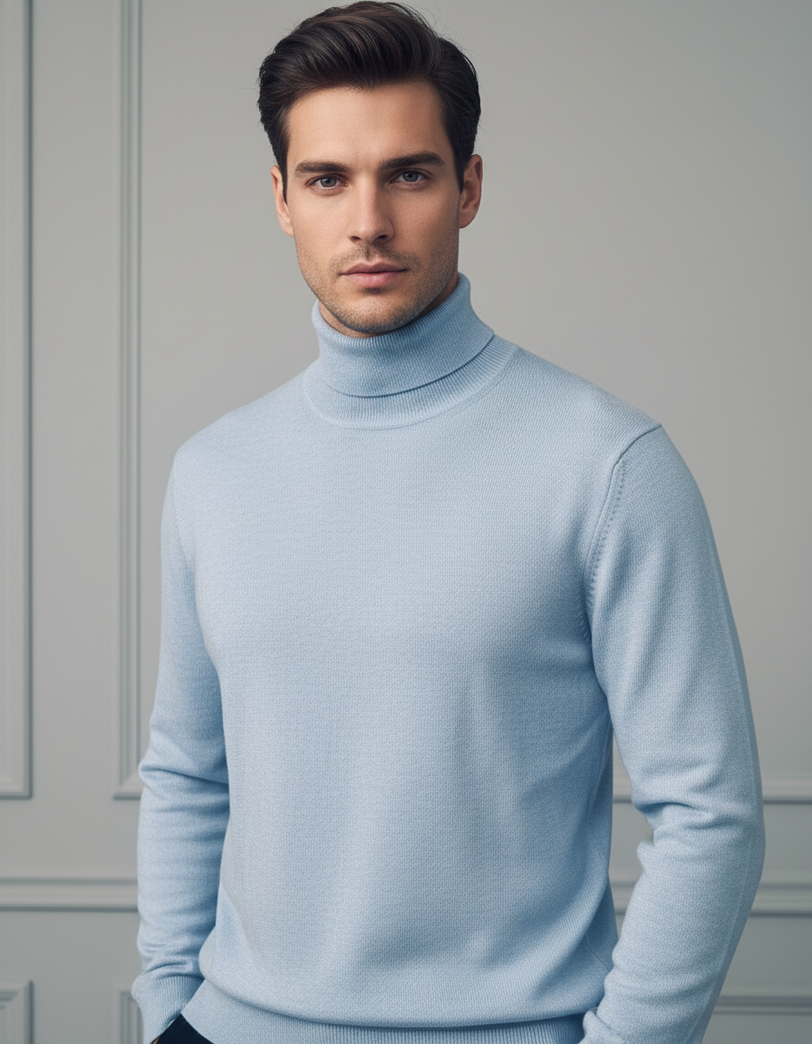 Primo piano dolcevita azzurro polvere
