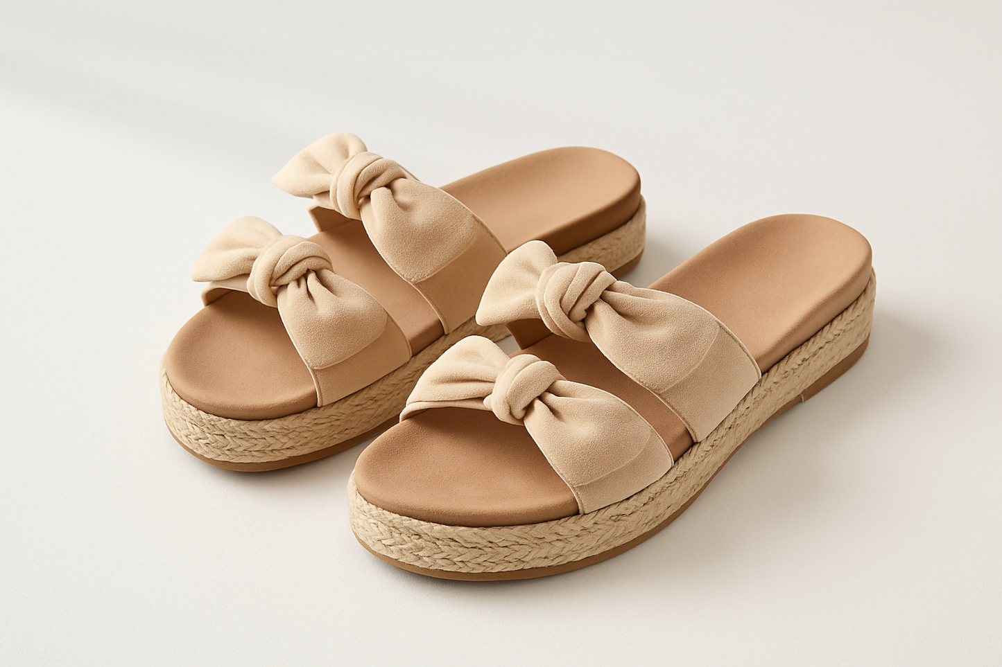 Sandali beige con zeppa e fiocchi