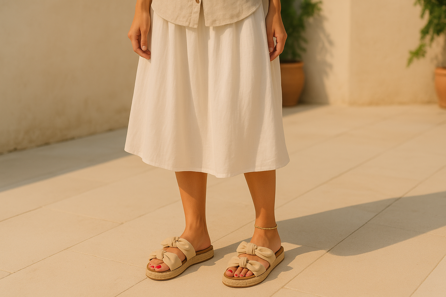 Sandali beige indossati con outfit estivo